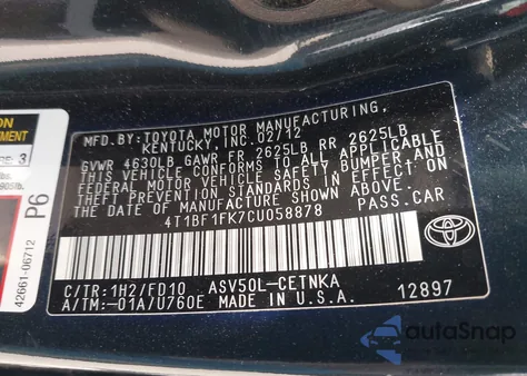 2012 Toyota Camry Le из США, поврежденный, VIN 4T1BF1FK7CU058878